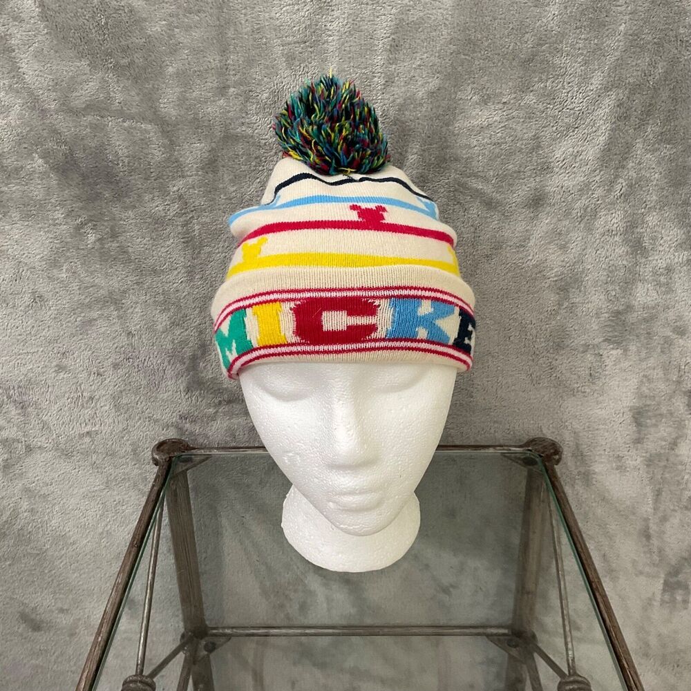 Disney Junior Mickey Mouse Beanie Hat Cuffed Pom Pom Rainbow OSFM